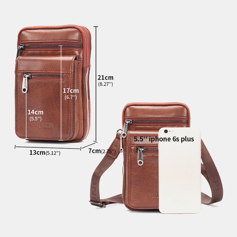 Herr Äkta Läder Kohud Multi-carry Retro 72 Tums Telefon Crossbody-väska Hängande Bältesväska Midjeväska