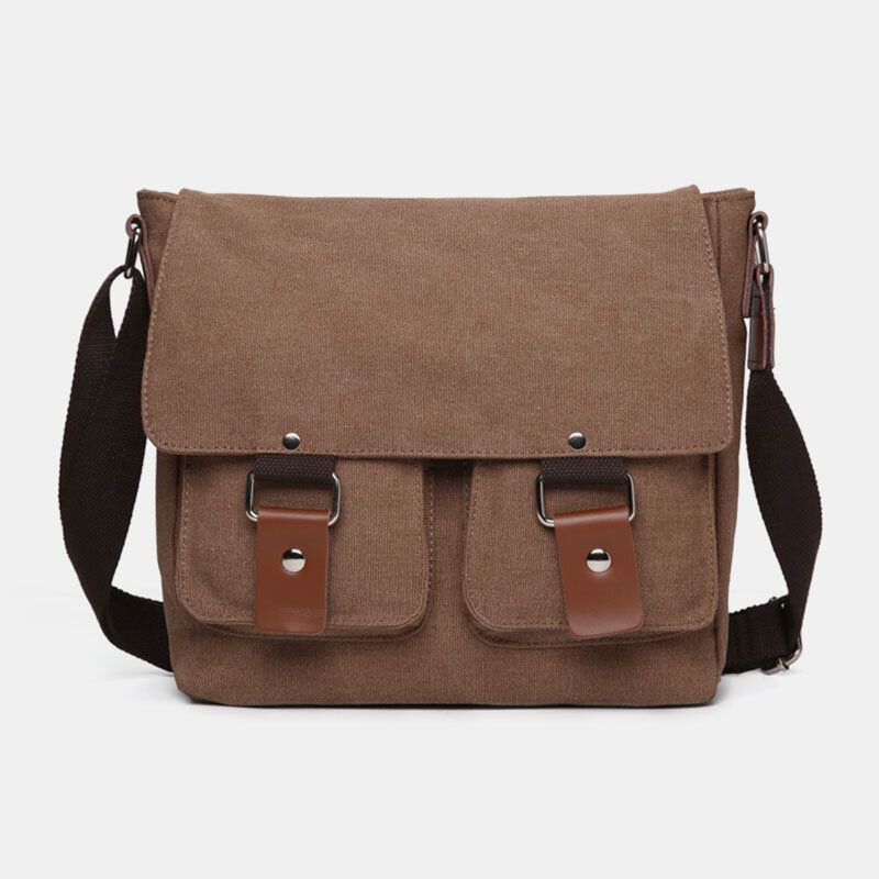 Herr Dubbel Framficka Crossbody-väska Med Stor Kapacitet Retro Canvas Horisontell Enfärgad Stöldskyddsaxelväska