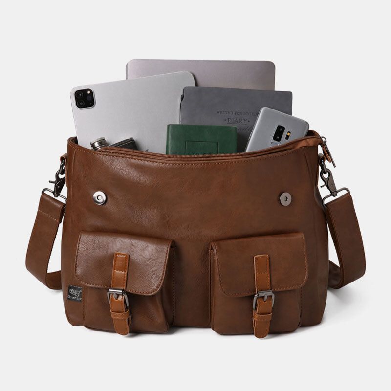 Herr Vintage Multifunktion Dubbel Front Pocket Lärarväska Portfölj 14 Tums Laptopväska Crossbody Axelväska