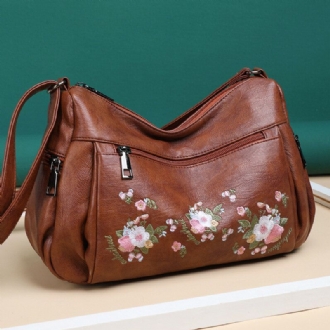 Kvinnor Etnisk Blomma Broderad Crossbody-väska Med Stor Kapacitet Vintage Texture Hardware Vattentät Andas Axelväska I Mjukt Läder