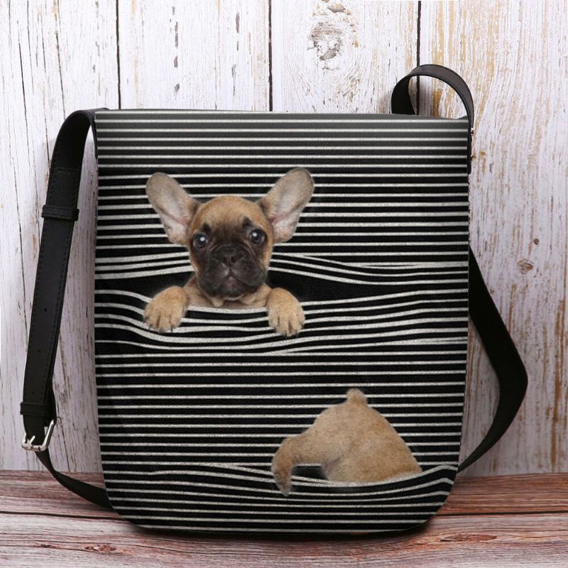 Kvinnor Filt Casual Stripe Söt 3d Dog Printing Mönster Crossbody Bag Axelväska