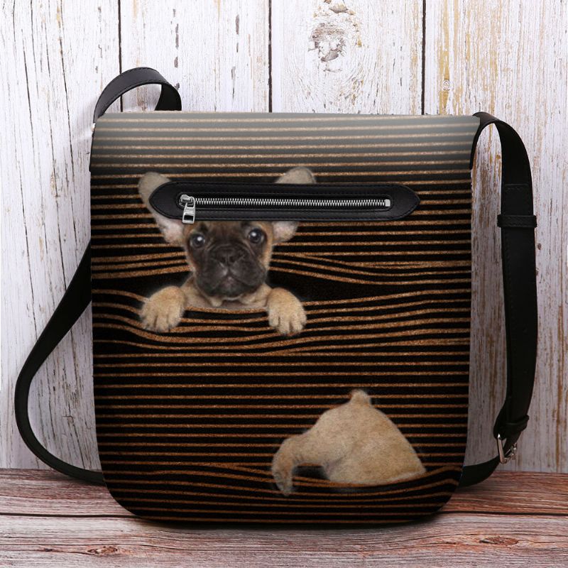 Kvinnor Filt Casual Stripe Söt 3d Dog Printing Mönster Crossbody Bag Axelväska