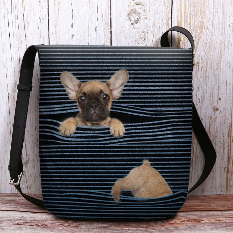 Kvinnor Filt Casual Stripe Söt 3d Dog Printing Mönster Crossbody Bag Axelväska