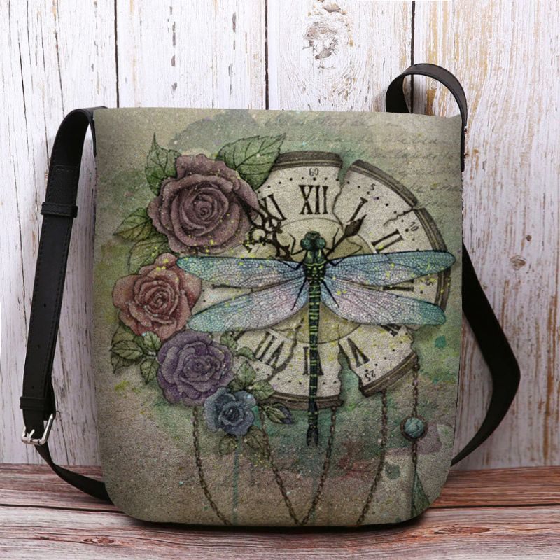 Kvinnor Filt Casual Vintage 3d Dragonfly Blomma Tryckmönster Crossbody Bag Axelväska