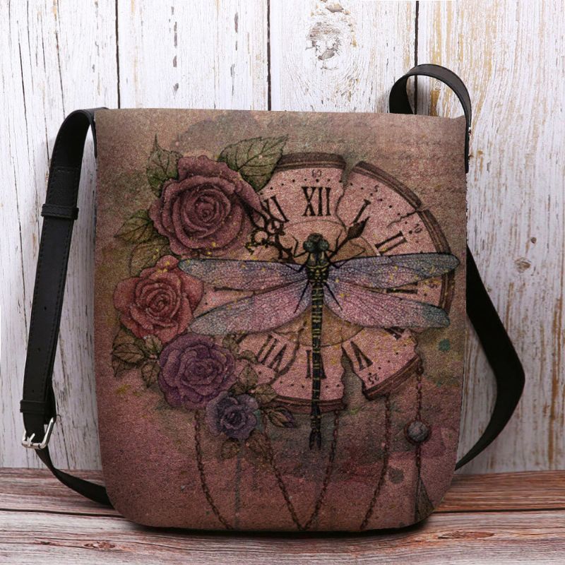 Kvinnor Filt Casual Vintage 3d Dragonfly Blomma Tryckmönster Crossbody Bag Axelväska