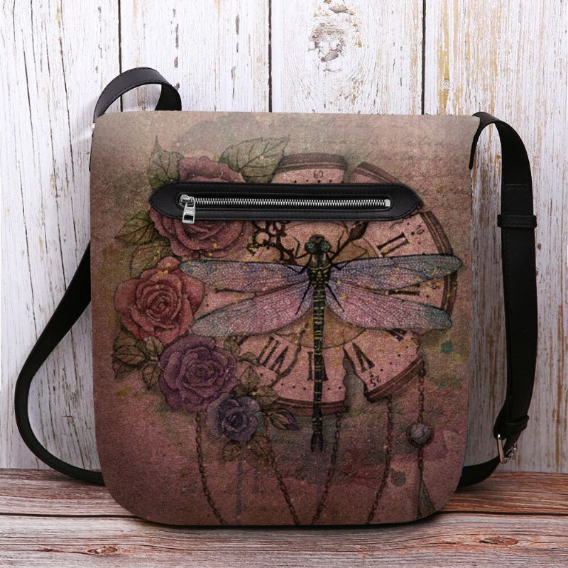 Kvinnor Filt Casual Vintage 3d Dragonfly Blomma Tryckmönster Crossbody Bag Axelväska