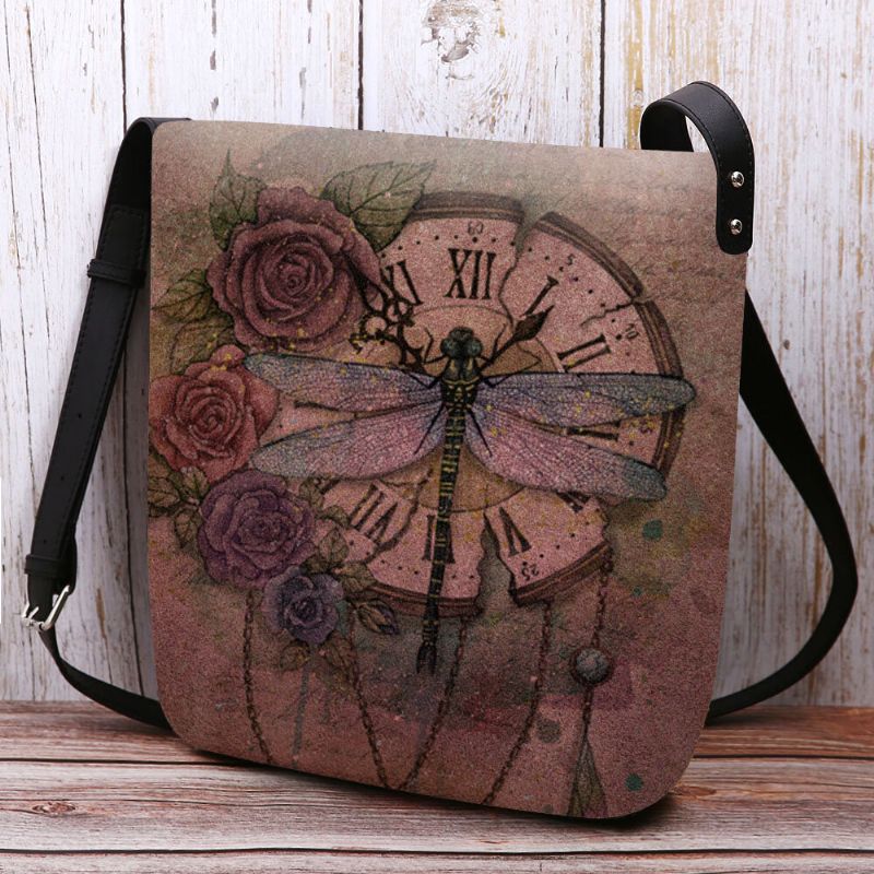 Kvinnor Filt Casual Vintage 3d Dragonfly Blomma Tryckmönster Crossbody Bag Axelväska