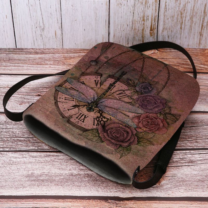 Kvinnor Filt Casual Vintage 3d Dragonfly Blomma Tryckmönster Crossbody Bag Axelväska