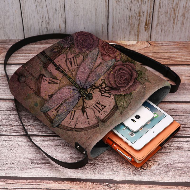 Kvinnor Filt Casual Vintage 3d Dragonfly Blomma Tryckmönster Crossbody Bag Axelväska