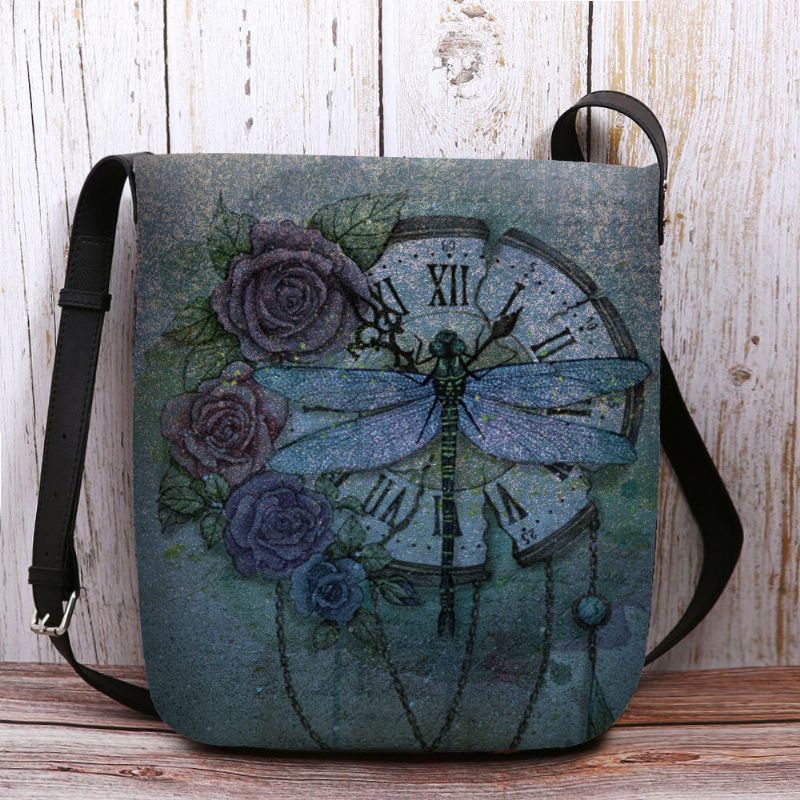 Kvinnor Filt Casual Vintage 3d Dragonfly Blomma Tryckmönster Crossbody Bag Axelväska