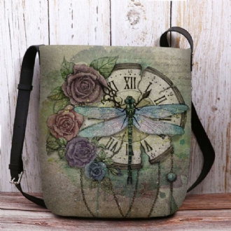 Kvinnor Filt Casual Vintage 3d Dragonfly Blomma Tryckmönster Crossbody Bag Axelväska