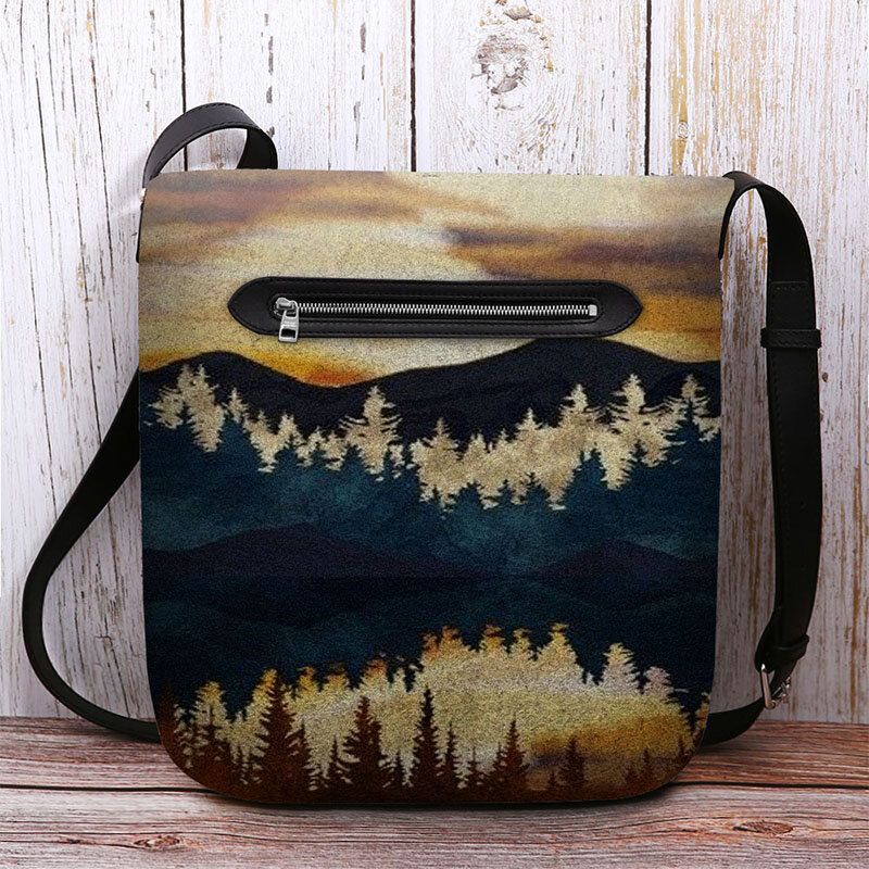 Kvinnor Filt Mountain Treetop Print Mönster Casual Outdoor Axelväska Crossbody Bag