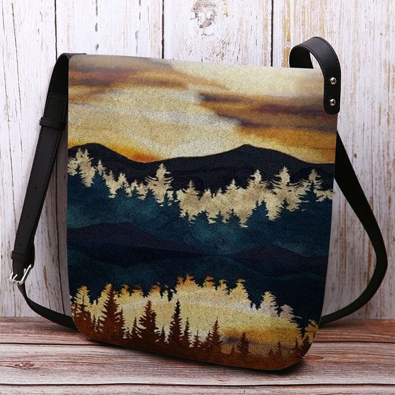 Kvinnor Filt Mountain Treetop Print Mönster Casual Outdoor Axelväska Crossbody Bag