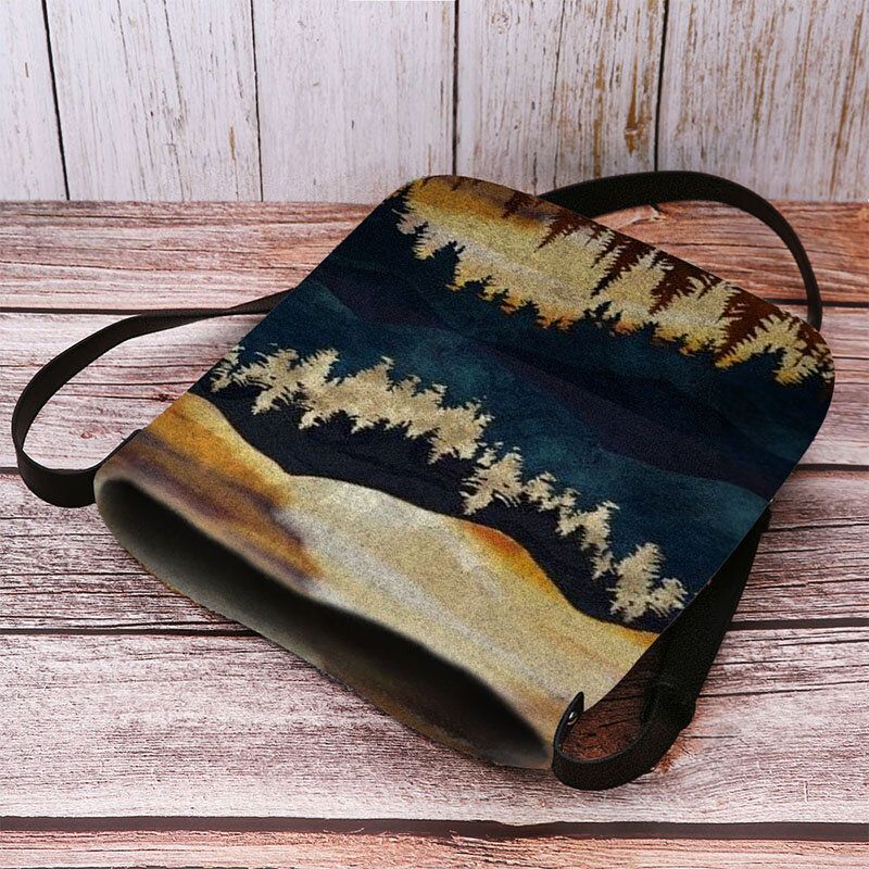 Kvinnor Filt Mountain Treetop Print Mönster Casual Outdoor Axelväska Crossbody Bag