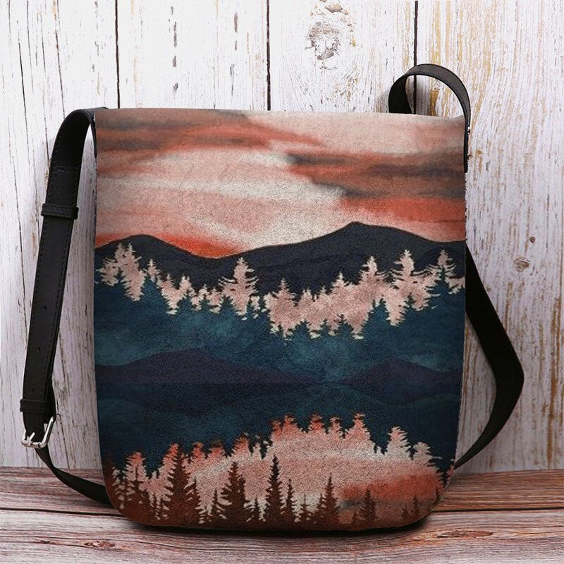 Kvinnor Filt Mountain Treetop Print Mönster Casual Outdoor Axelväska Crossbody Bag