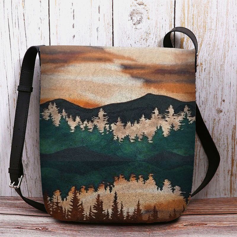 Kvinnor Filt Mountain Treetop Print Mönster Casual Outdoor Axelväska Crossbody Bag