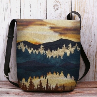 Kvinnor Filt Mountain Treetop Print Mönster Casual Outdoor Axelväska Crossbody Bag