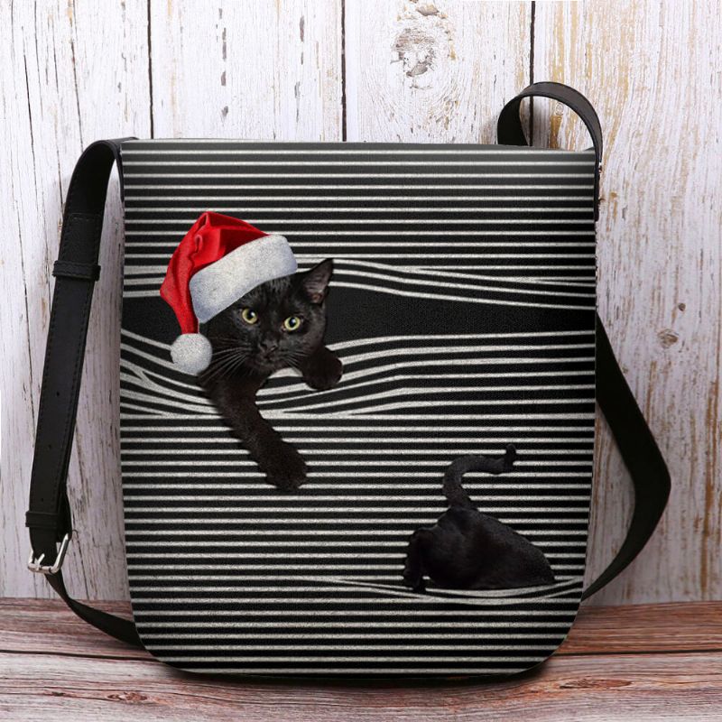 Kvinnor Kändes Söt Casual Cartoon Cat Stripes Mönster Med Julhatt Crossbody Bag Axelväska