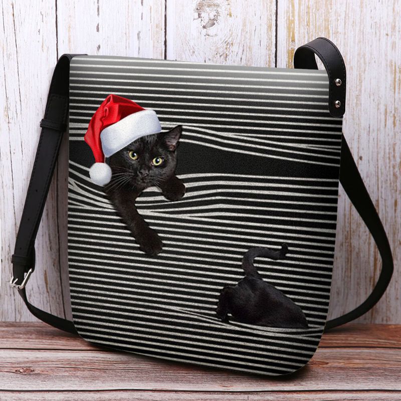 Kvinnor Kändes Söt Casual Cartoon Cat Stripes Mönster Med Julhatt Crossbody Bag Axelväska