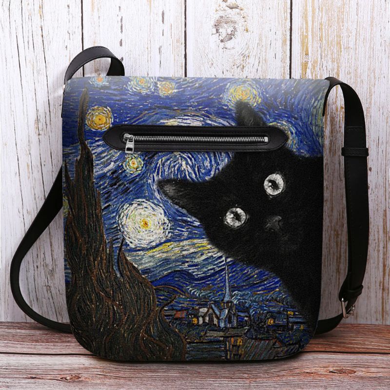 Kvinnor Kändes Söt Casual Tecknad Kattmönster Med Stjärnklar Natt Galaxmålningar Crossbody-väska Axelväska