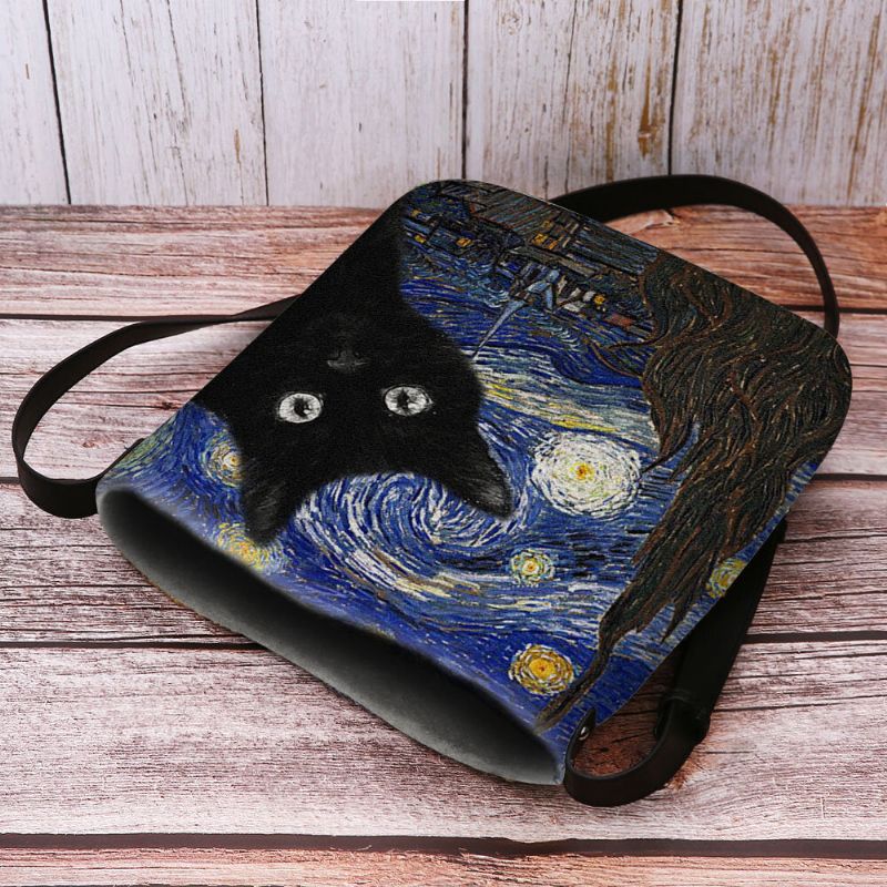 Kvinnor Kändes Söt Casual Tecknad Kattmönster Med Stjärnklar Natt Galaxmålningar Crossbody-väska Axelväska