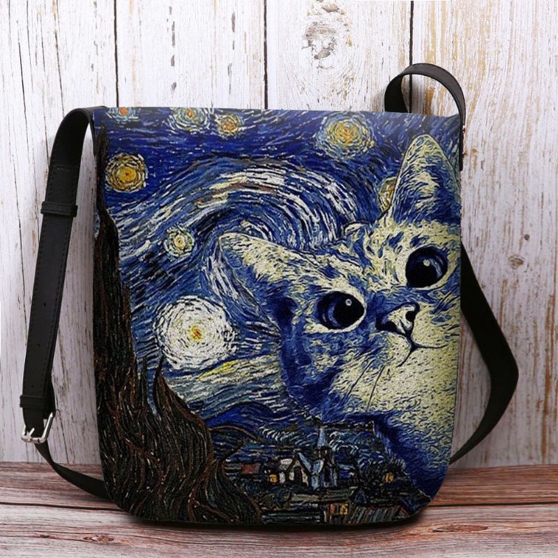 Kvinnor Kändes Söt Casual Tecknad Kattmönster Med Stjärnklar Natt Galaxmålningar Crossbody-väska Axelväska