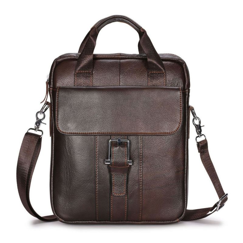 Män Äkta Läder Crossbody-väska Med Stor Kapacitet Vintage Business Solid Portfölj Axelväska Messenger Bag