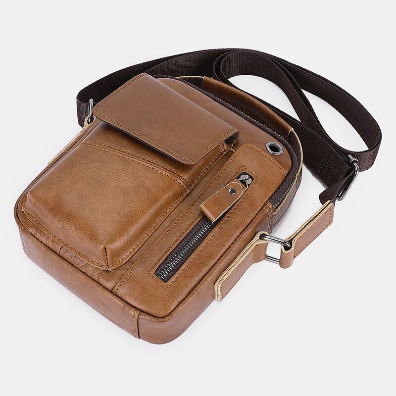 Män Äkta Läder Flerficks Hörlurshål Vintage 65 Tums Telefonväska Crossbody-väska Axelväska Messenger Portfölj