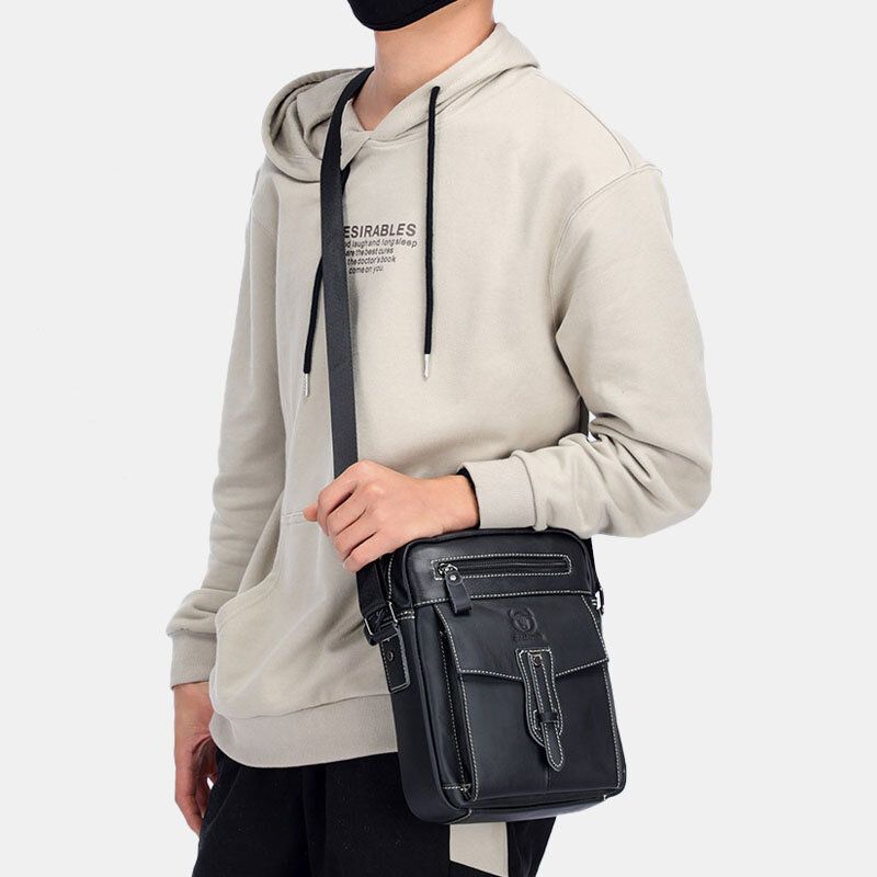 Män Äkta Läder Multi-pocket Anti-stöld Crossbody Bag Axelväska