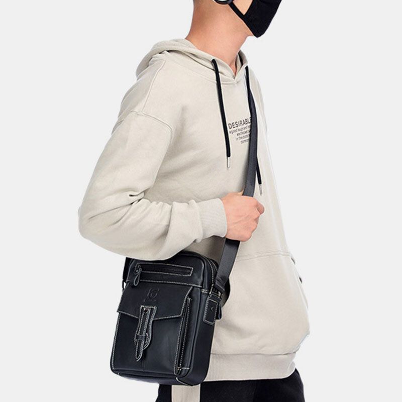 Män Äkta Läder Multi-pocket Anti-stöld Crossbody Bag Axelväska