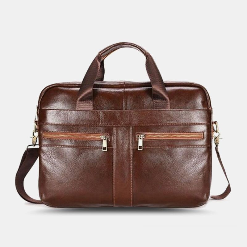 Män Äkta Läder Multi-pocket Vintage 14 Tums Bärbar Datorväska Messenger Bag Crossbody-väskor Axelväska Portfölj