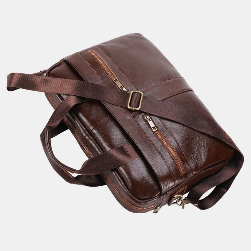 Män Äkta Läder Multi-pocket Vintage 14 Tums Bärbar Datorväska Messenger Bag Crossbody-väskor Axelväska Portfölj