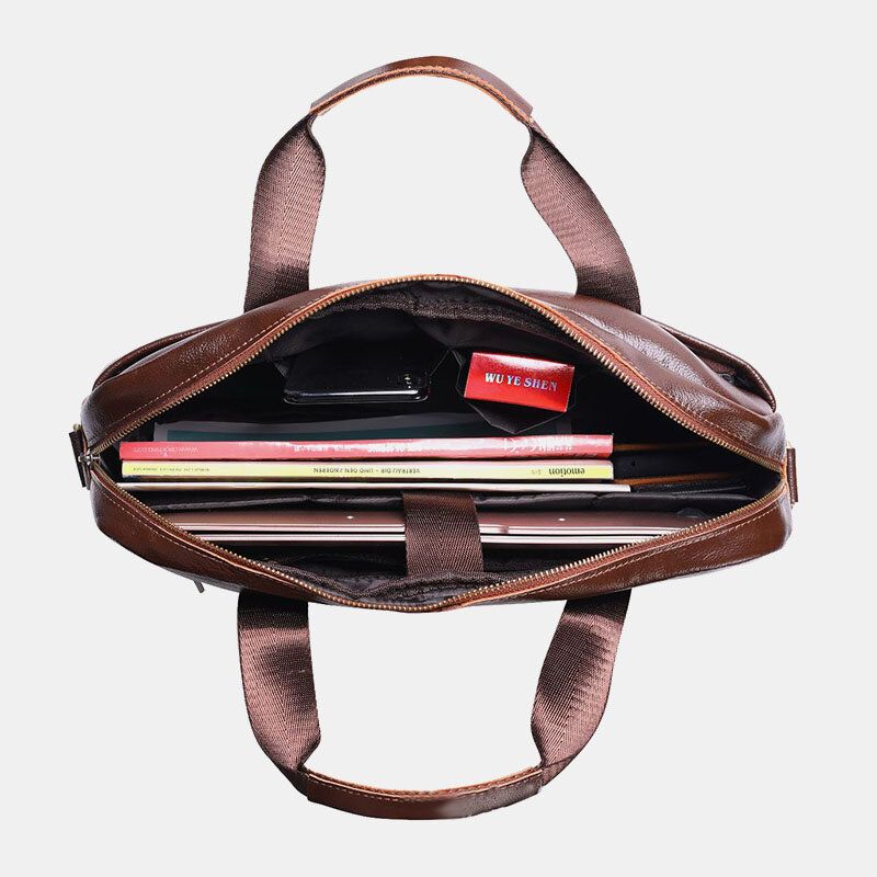 Män Äkta Läder Multi-pocket Vintage 14 Tums Bärbar Datorväska Messenger Bag Crossbody-väskor Axelväska Portfölj