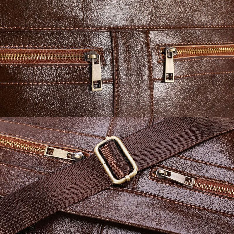 Män Äkta Läder Multi-pocket Vintage 14 Tums Bärbar Datorväska Messenger Bag Crossbody-väskor Axelväska Portfölj