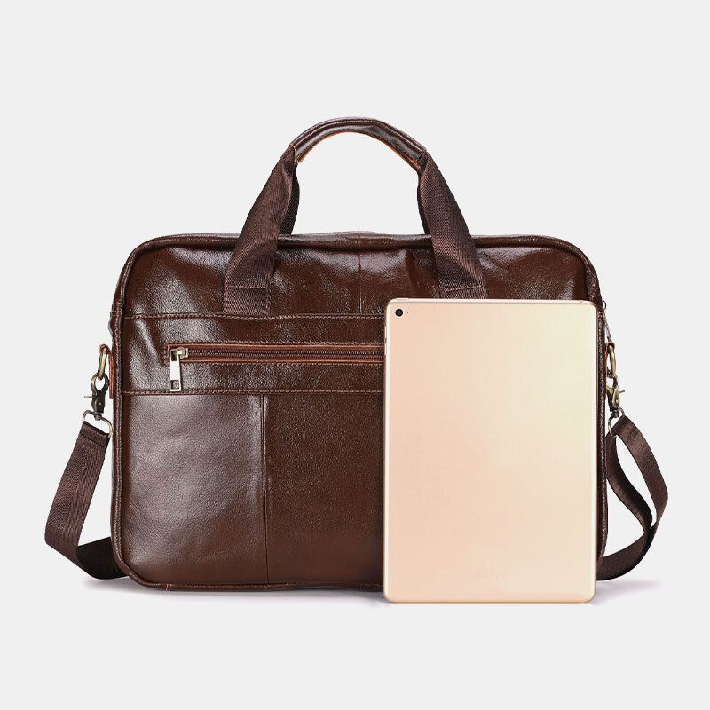 Män Äkta Läder Multi-pocket Vintage 14 Tums Bärbar Datorväska Messenger Bag Crossbody-väskor Axelväska Portfölj