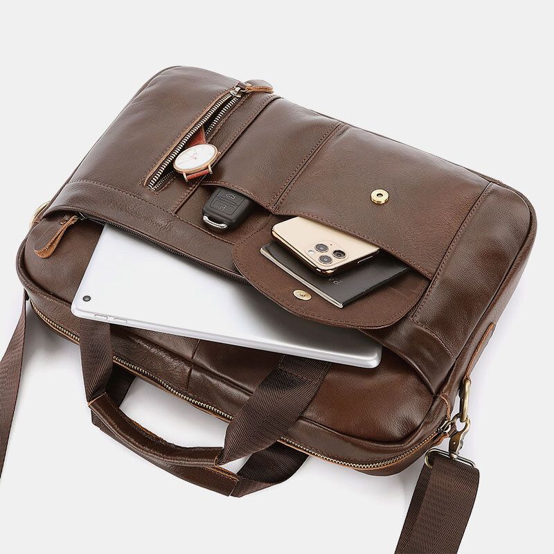 Män Äkta Läder Multi-pocket Vintage 14 Tums Bärbar Datorväska Portföljer Crossbody Väska Axelväska Handväska