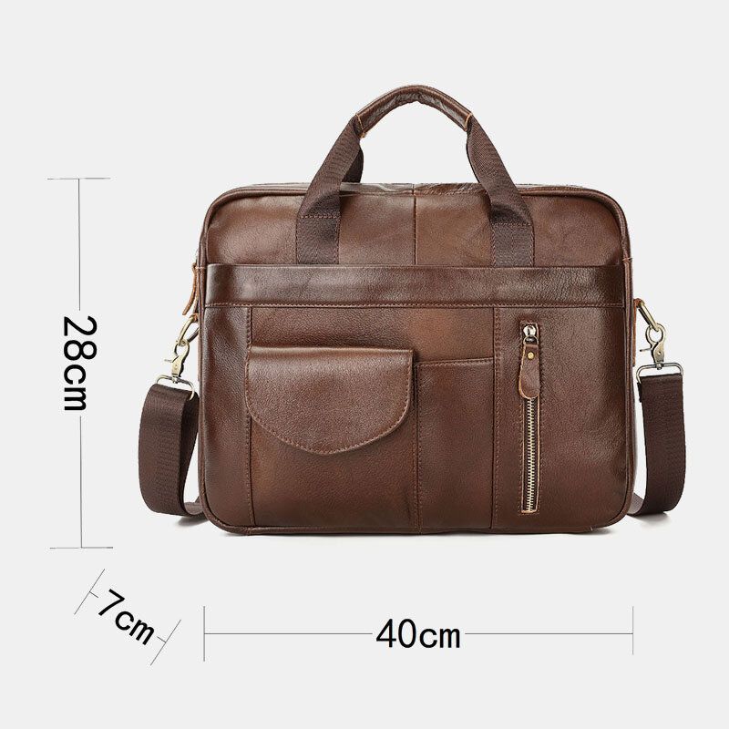 Män Äkta Läder Multi-pocket Vintage 14 Tums Bärbar Datorväska Portföljer Crossbody Väska Axelväska Handväska