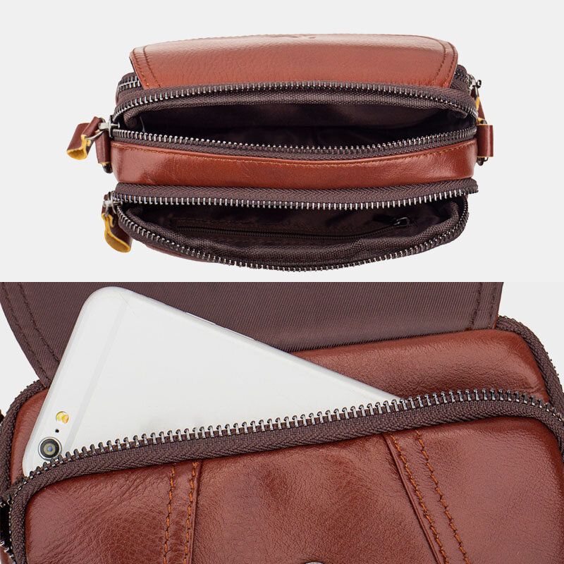 Män Äkta Läder Retro 75 Tums Telefonväska Cross Body Bag Midjeväska Med Bältesögla