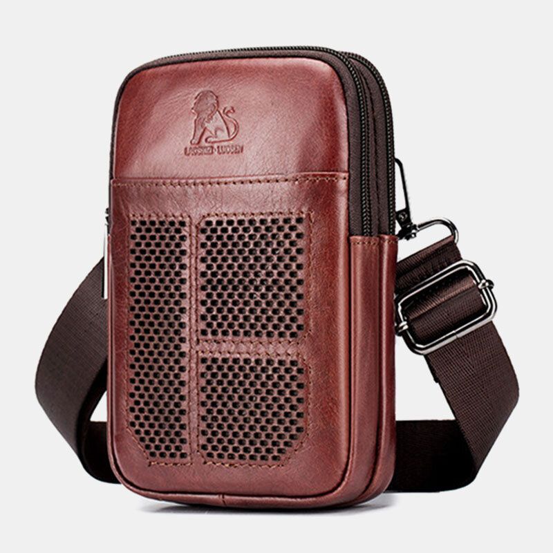 Män Äkta Läder Retro Business Casual Enfärgat Läder Kohud Multi-carry Midjeväska Crossbody-väska