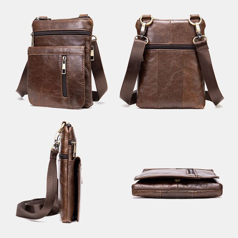 Män Äkta Läder Retro Business Enfärgad Läder Dragkedja Crossbody Bag Axelväska