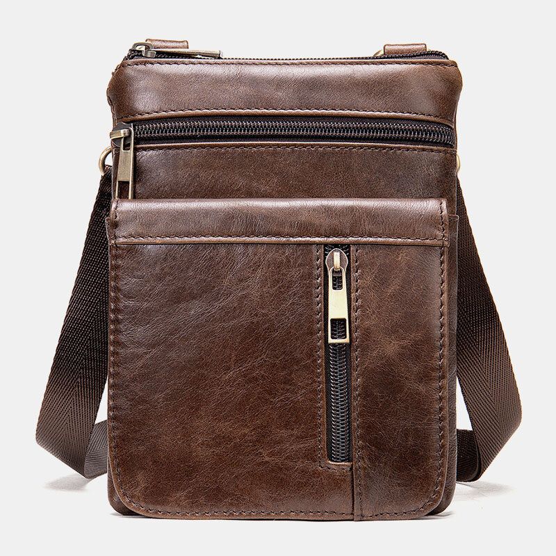 Män Äkta Läder Retro Business Enfärgad Läder Dragkedja Crossbody Bag Axelväska