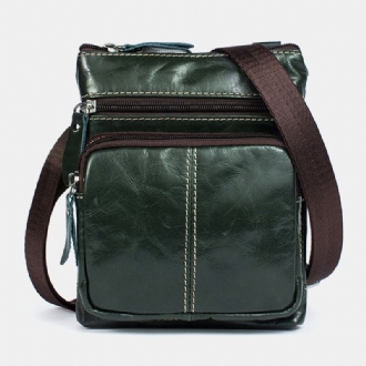 Män Äkta Läder Retro Business Enfärgad Läder Dragkedja Crossbody Bag Axelväska