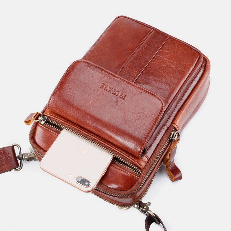 Män Äkta Läder Retro Business Multifunktions Bröstväska Axelväska Cross Body Väska