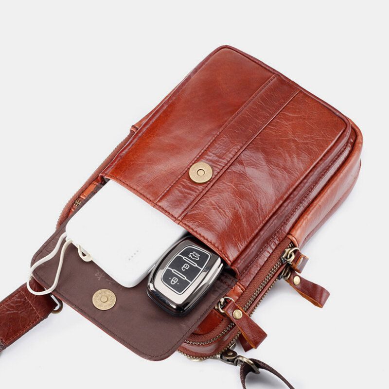 Män Äkta Läder Retro Business Multifunktions Bröstväska Axelväska Cross Body Väska