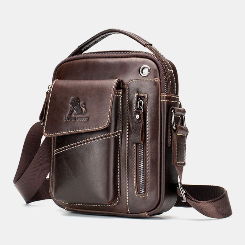 Män Äkta Läder Slitstarkt Hörlurshål Multi-pocket Vintage Crossbody Bag Axelväska