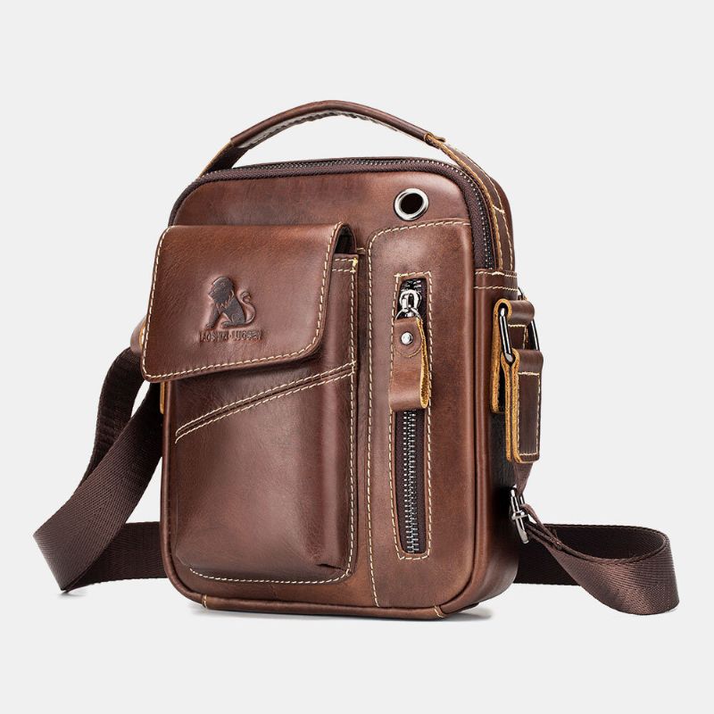 Män Äkta Läder Slitstarkt Hörlurshål Multi-pocket Vintage Crossbody Bag Axelväska