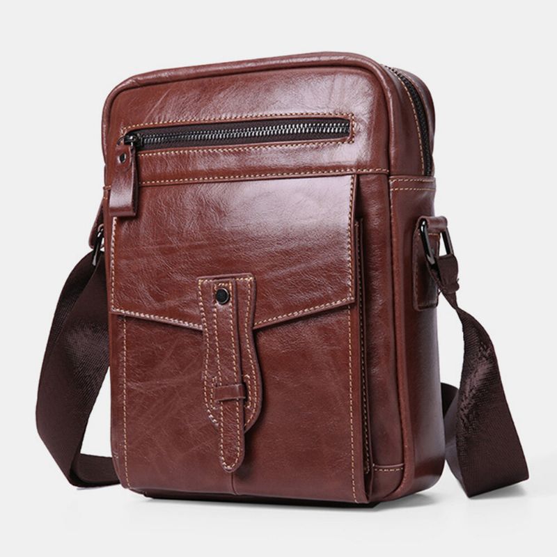 Män Äkta Läder Stor Kapacitet Vintage Business Crossbody Bag Axelväska