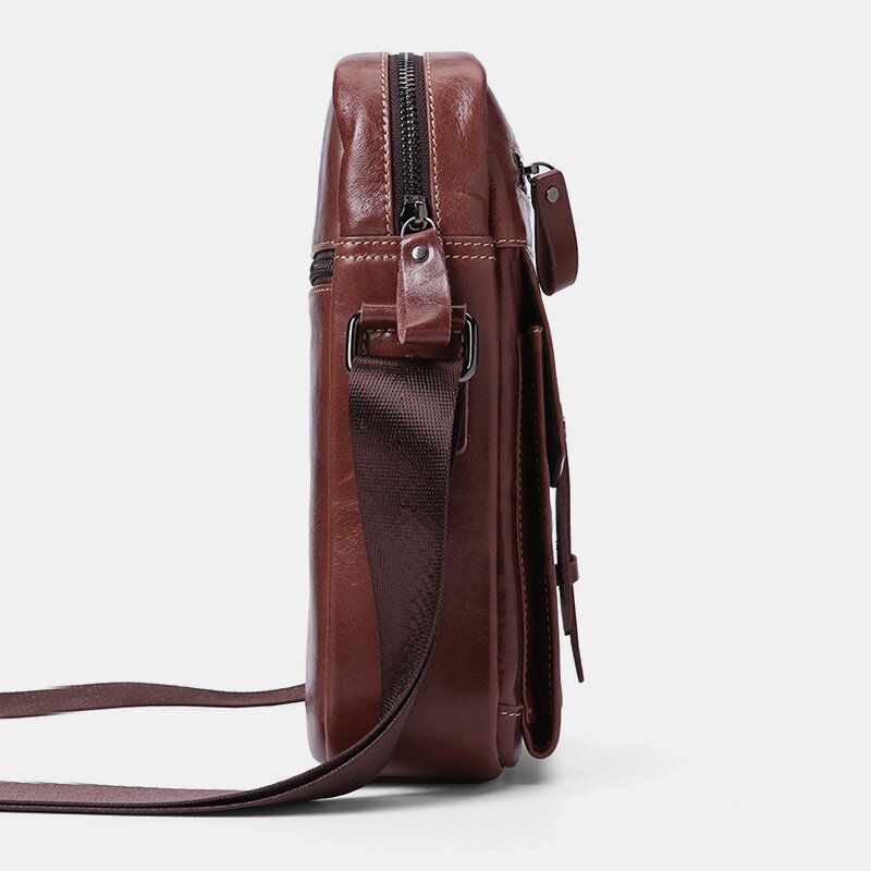 Män Äkta Läder Stor Kapacitet Vintage Business Crossbody Bag Axelväska