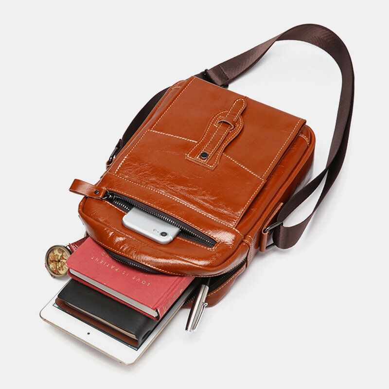 Män Äkta Läder Stor Kapacitet Vintage Business Crossbody Bag Axelväska