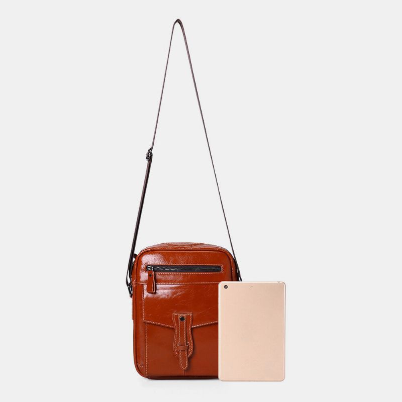 Män Äkta Läder Stor Kapacitet Vintage Business Crossbody Bag Axelväska